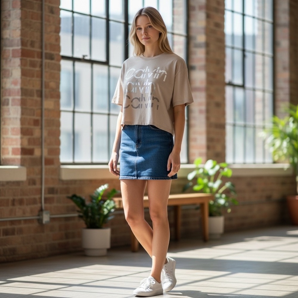 Calvin Klein Performance Tan Logo Crop T Shirt‎ Women's L/G Y2K Retro Classic